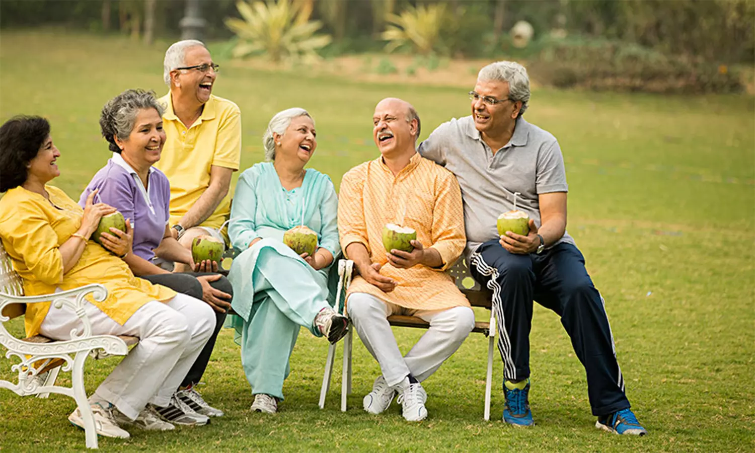 Happy senior residents enjoying a premium community lifestyle at DLF Arbour Phase 2 Gurgaon
